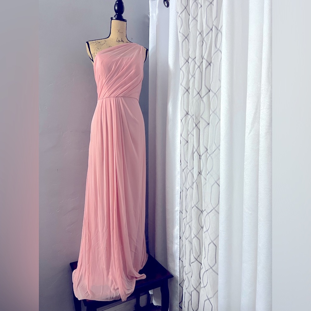 DAVID’S BRIDAL LONG CHIFFON ASYMMETRIC NECKLINE GREEK ROMAN TOGA DRESS SIZE 14